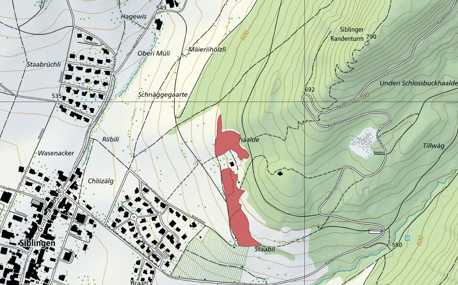 Carte nationale swisstopo avec le périmètre protégé de Halde (Prairie sèche)