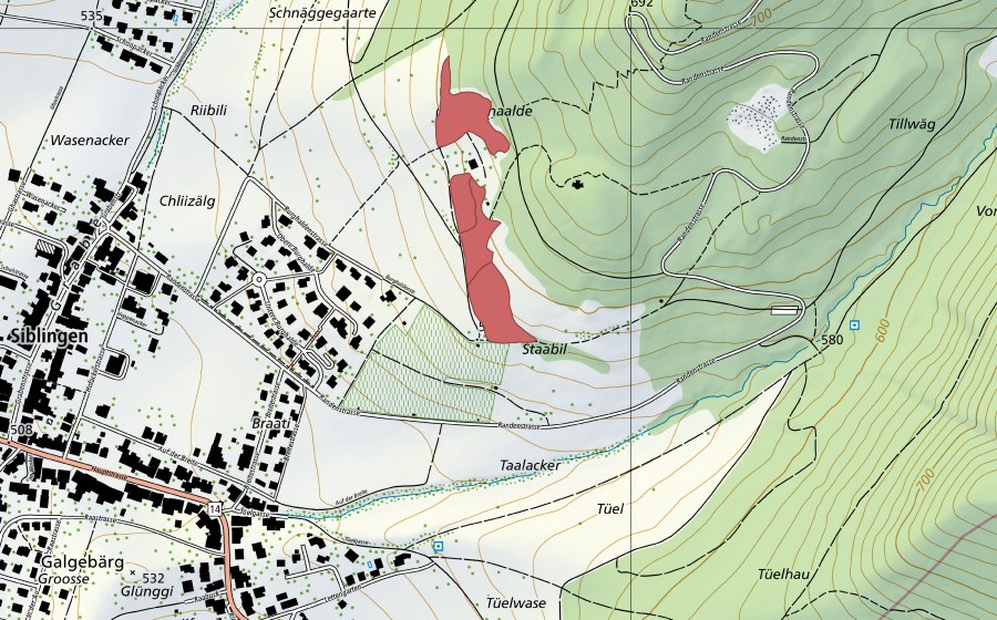 Carte nationale swisstopo avec le périmètre protégé de Halde (Prairie sèche)