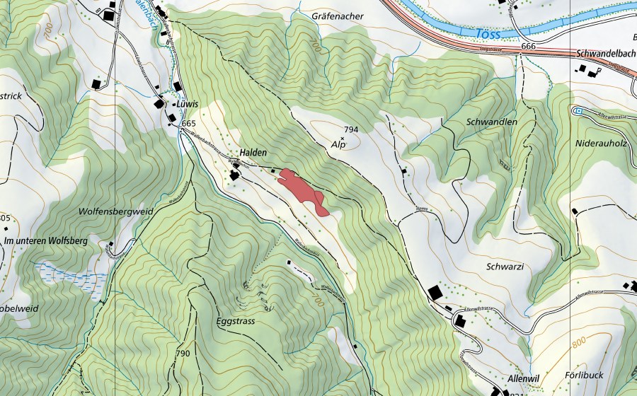 swisstopo national map showing the protected perimeter of Halden (Dry meadow)
