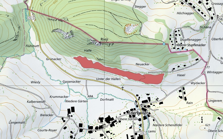 Carte nationale swisstopo avec le périmètre protégé de Hallen (Prairie sèche)