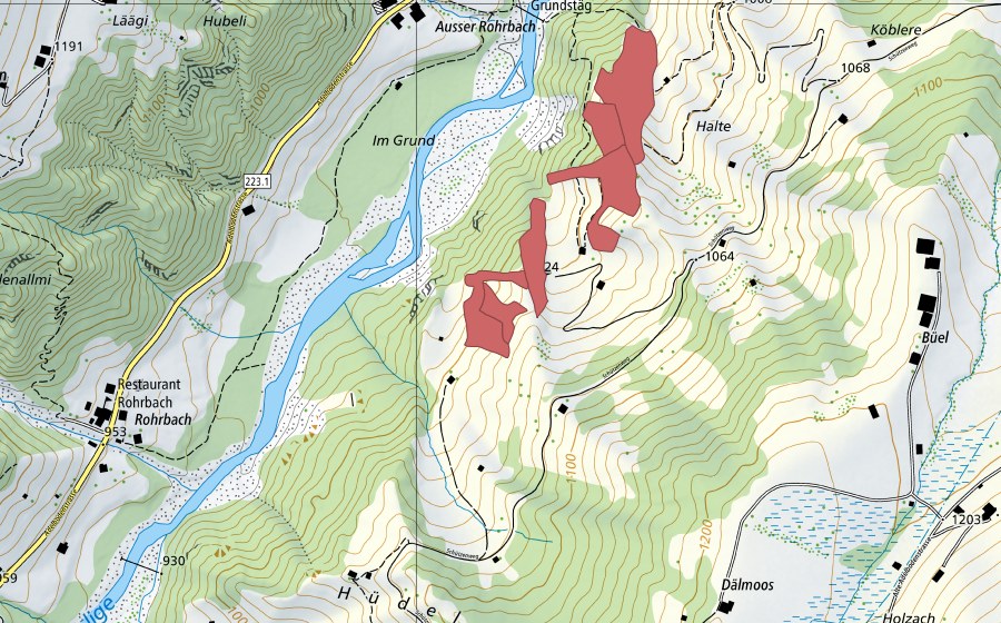 Carte nationale swisstopo avec le périmètre protégé de Halte (Prairie sèche)