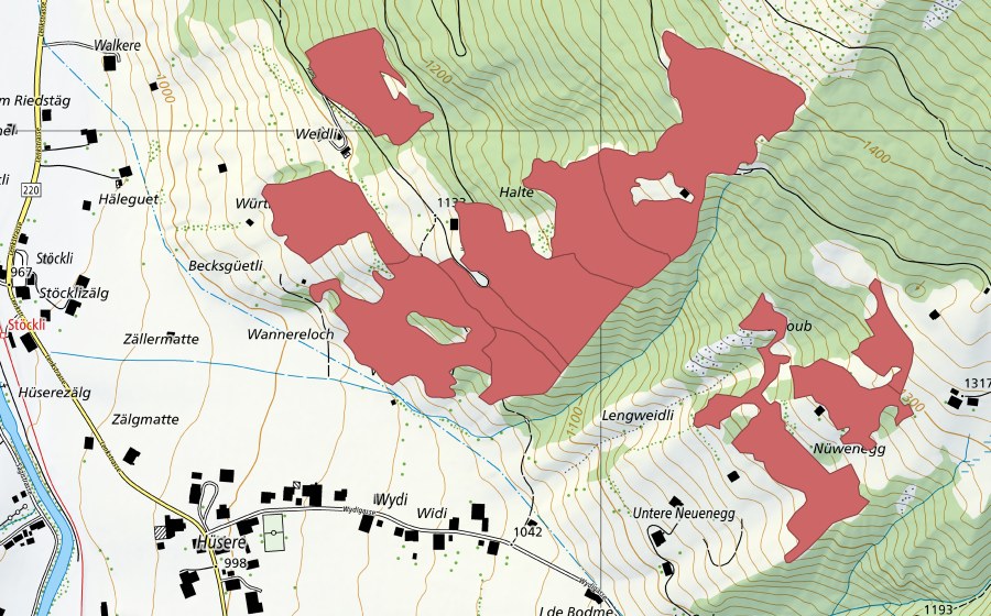 Landeskarte swisstopo mit dem Schutzperimeter von Halte (Trockenwiese)