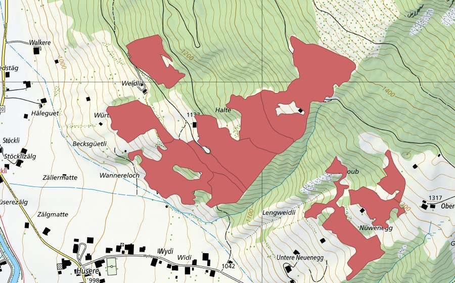 Carte nationale swisstopo avec le périmètre protégé de Halte (Prairie sèche)