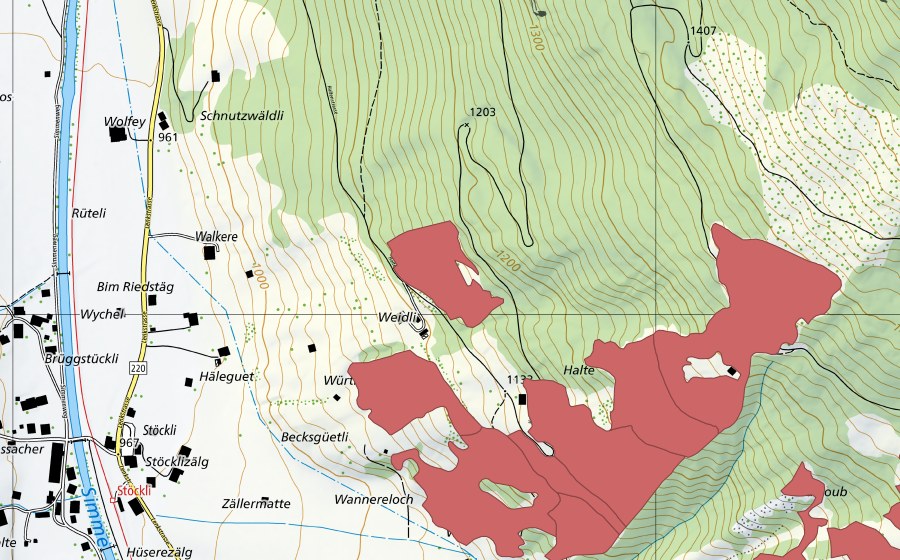Carte nationale swisstopo avec le périmètre protégé de Halte (Prairie sèche)