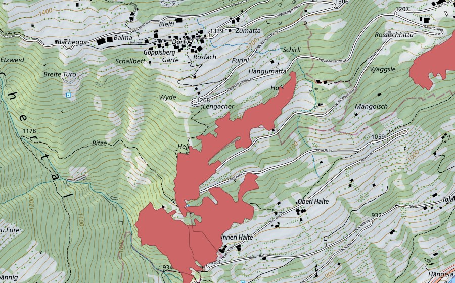 Landeskarte swisstopo mit dem Schutzperimeter von Halte (Trockenwiese)