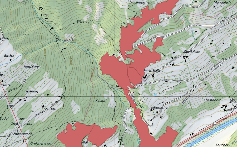 swisstopo national map showing the protected perimeter of Halte (Dry meadow)
