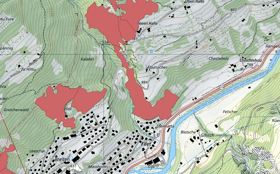 Landeskarte swisstopo mit dem Schutzperimeter von Halte (Trockenwiese)