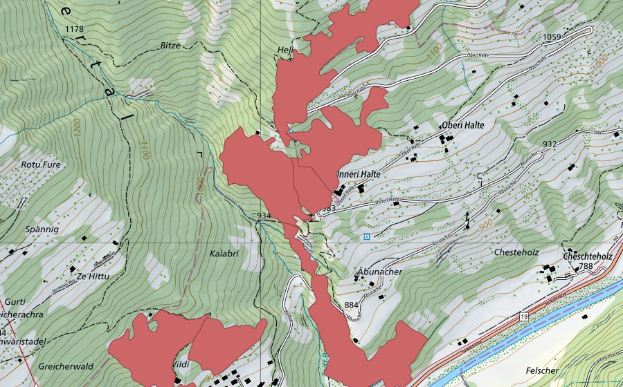 swisstopo national map showing the protected perimeter of Halte (Dry meadow)