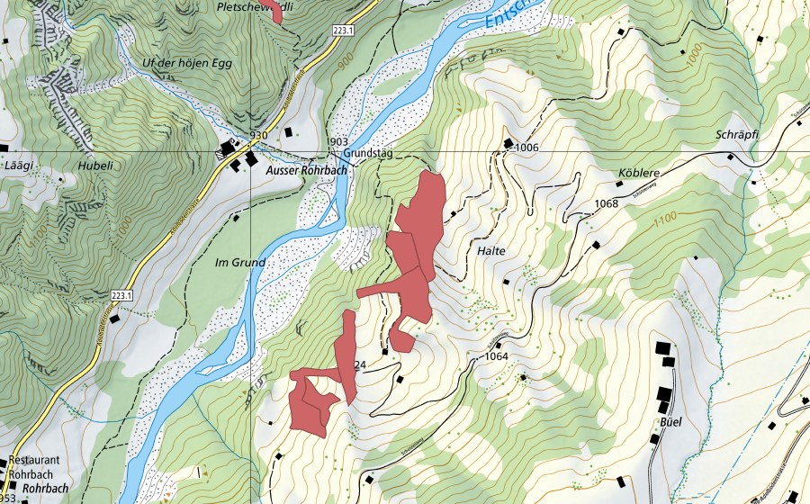 swisstopo national map showing the protected perimeter of Halte (Dry meadow)