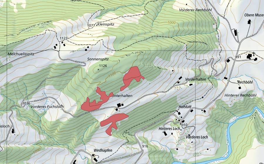 Landeskarte swisstopo mit dem Schutzperimeter von Halten (Trockenwiese)