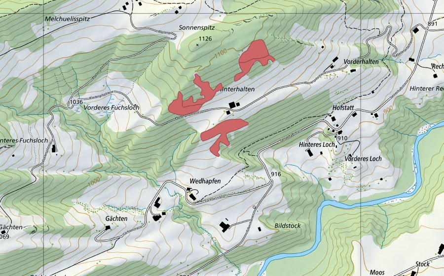 swisstopo national map showing the protected perimeter of Halten (Dry meadow)