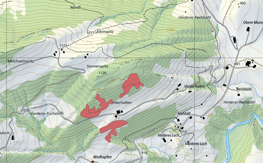 Landeskarte swisstopo mit dem Schutzperimeter von Halten (Trockenwiese)