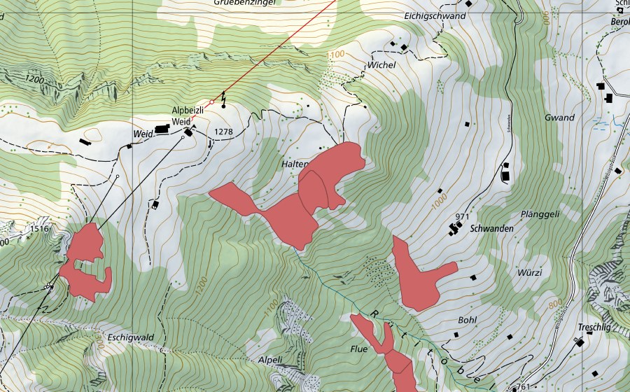 swisstopo national map showing the protected perimeter of Haltenen (Dry meadow)