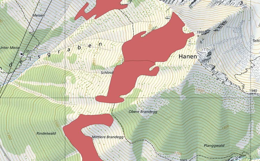 Landeskarte swisstopo mit dem Schutzperimeter von Hanen (Trockenwiese)