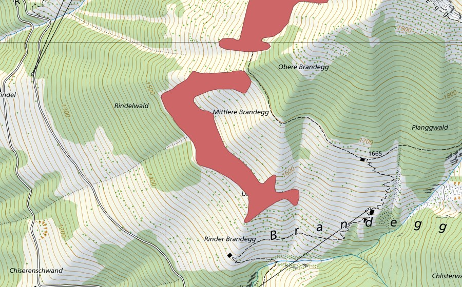 Landeskarte swisstopo mit dem Schutzperimeter von Hanen (Trockenwiese)