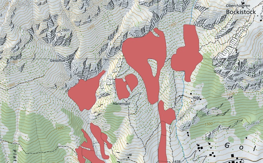 Carta nazionale swisstopo con il perimetro protetto di Hanenspil (Prato secco)