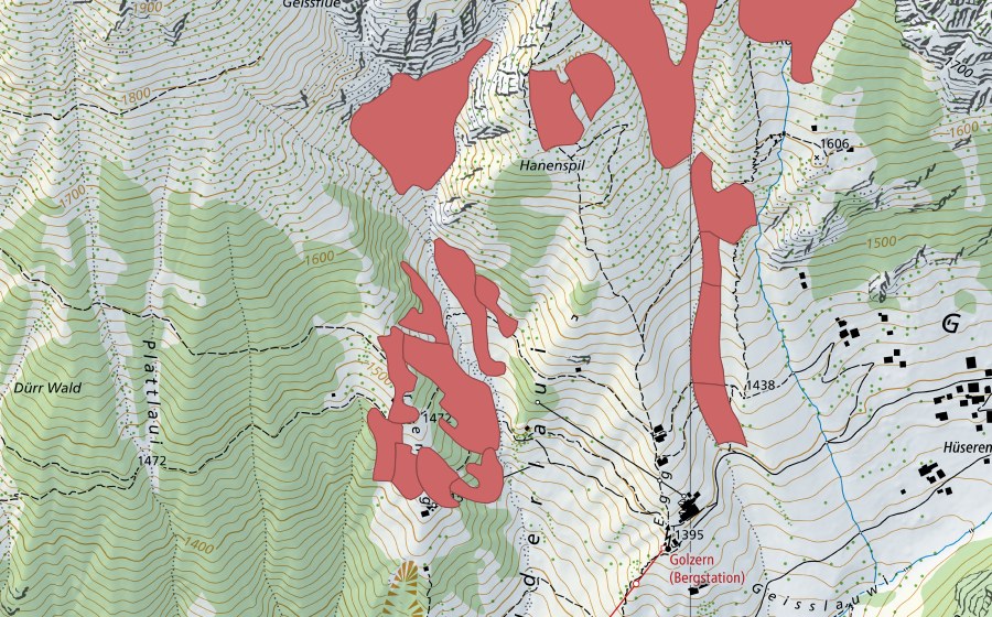 swisstopo national map showing the protected perimeter of Hanenspil (Dry meadow)