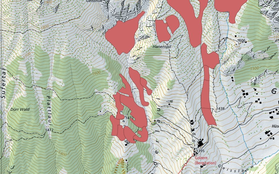 swisstopo national map showing the protected perimeter of Hanenspil (Dry meadow)