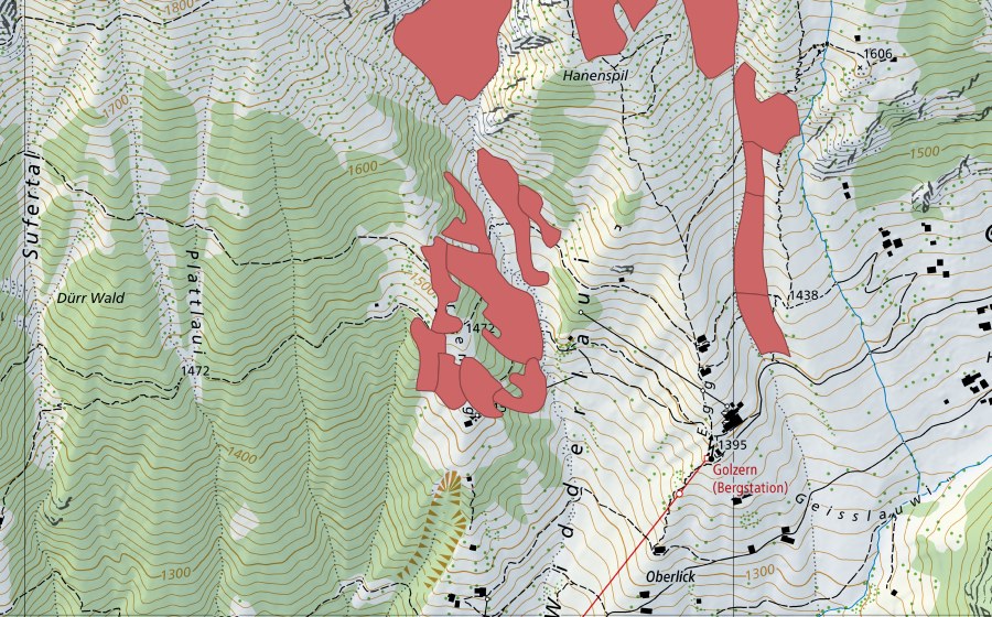 swisstopo national map showing the protected perimeter of Hanenspil (Dry meadow)
