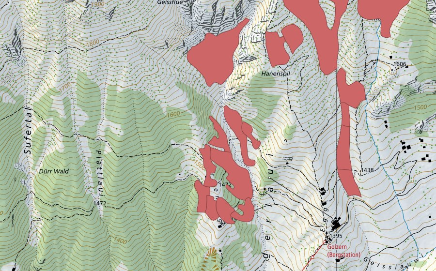 Carte nationale swisstopo avec le périmètre protégé de Hanenspil (Prairie sèche)