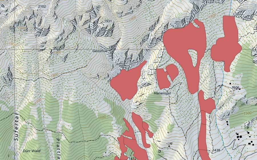 Carte nationale swisstopo avec le périmètre protégé de Hanenspil (Prairie sèche)