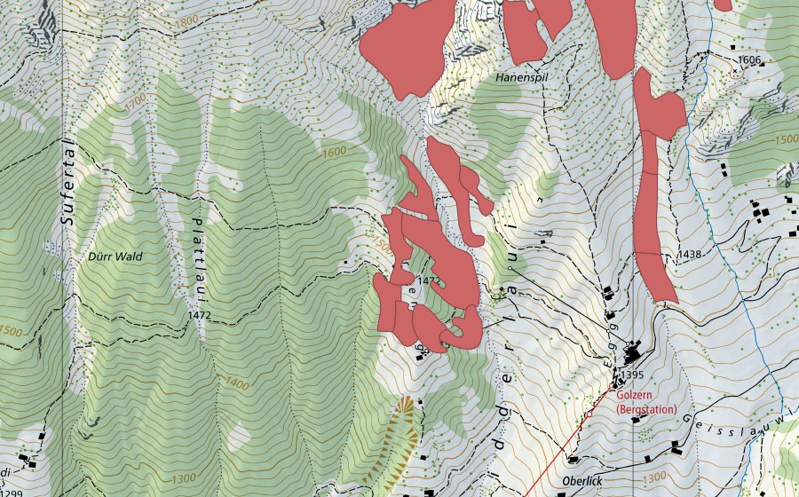 swisstopo national map showing the protected perimeter of Hanenspil (Dry meadow)