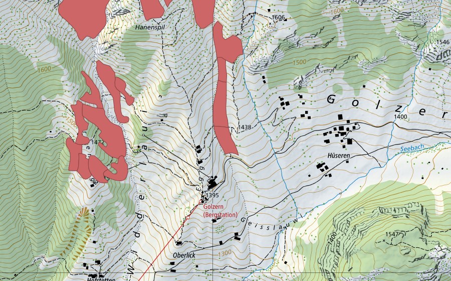 swisstopo national map showing the protected perimeter of Hanenspil (Dry meadow)