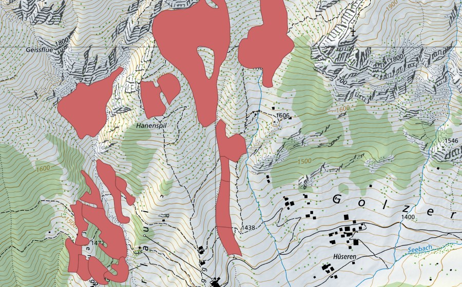 Landeskarte swisstopo mit dem Schutzperimeter von Hanenspil (Trockenwiese)