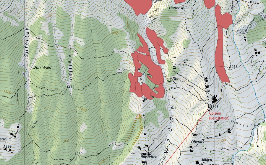 Landeskarte swisstopo mit dem Schutzperimeter von Hanenspil (Trockenwiese)