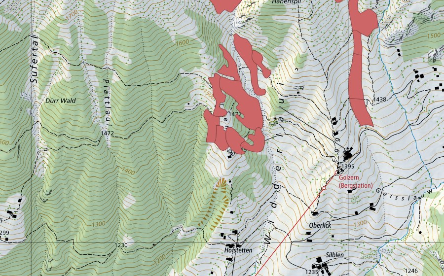 Carte nationale swisstopo avec le périmètre protégé de Hanenspil (Prairie sèche)