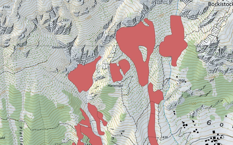 Carte nationale swisstopo avec le périmètre protégé de Hanenspil (Prairie sèche)