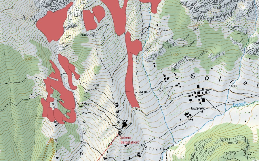 swisstopo national map showing the protected perimeter of Hanenspil (Dry meadow)