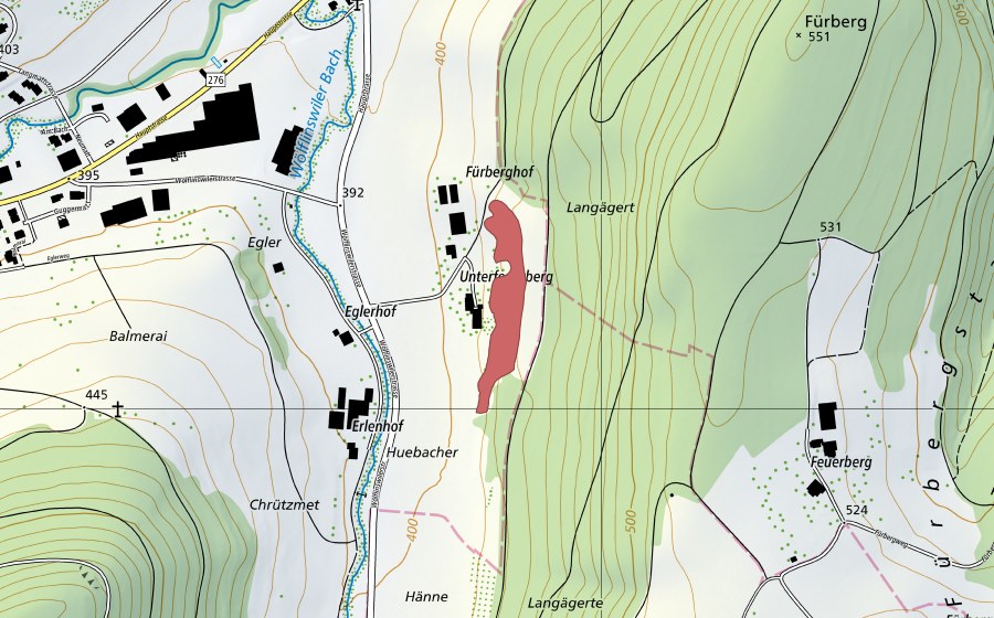 swisstopo national map showing the protected perimeter of Hännen (Dry meadow)