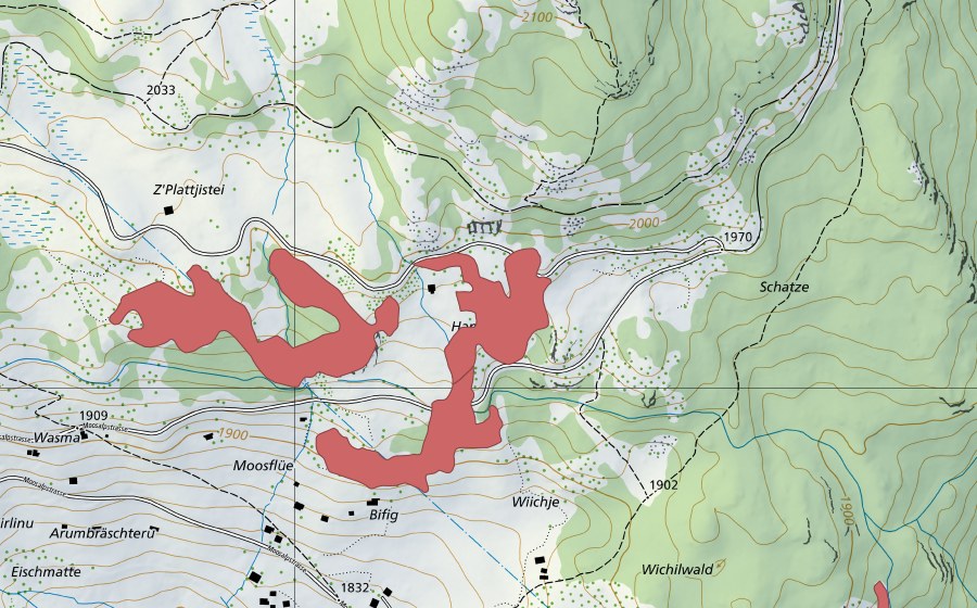swisstopo national map showing the protected perimeter of Hannig (Dry meadow)