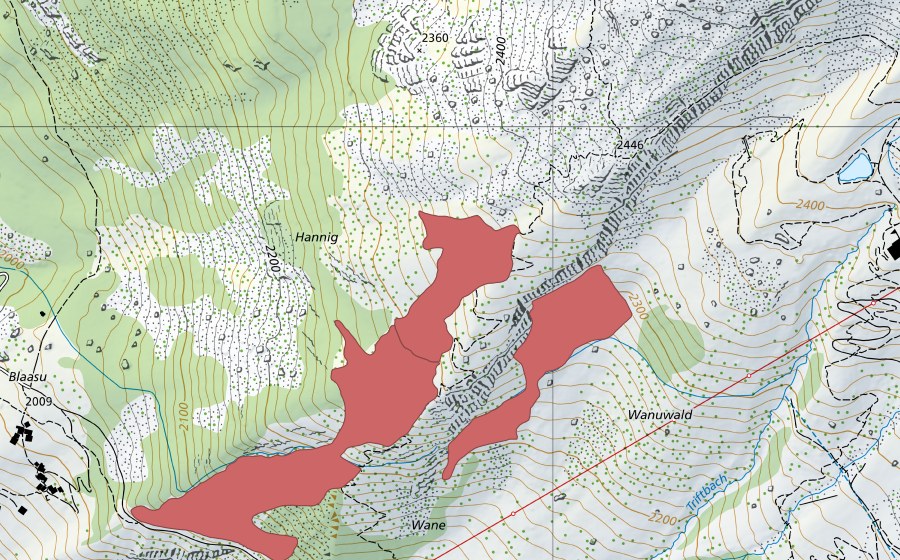 Landeskarte swisstopo mit dem Schutzperimeter von Hannig (Trockenwiese)
