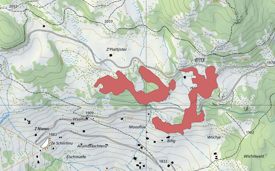 Landeskarte swisstopo mit dem Schutzperimeter von Hannig (Trockenwiese)