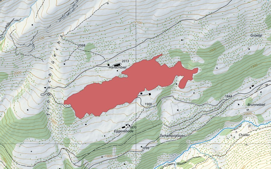 Landeskarte swisstopo mit dem Schutzperimeter von Hanschbiel (Trockenwiese)