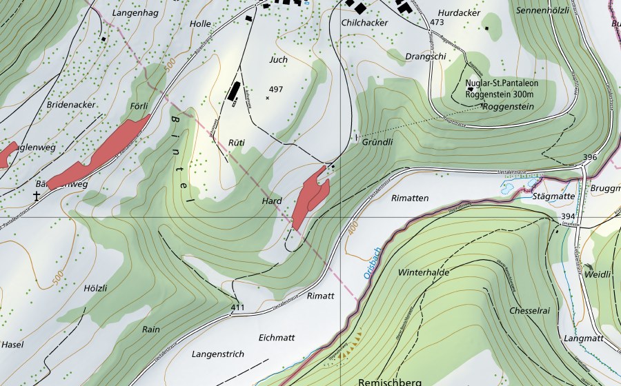Carte nationale swisstopo avec le périmètre protégé de Hard (Prairie sèche)