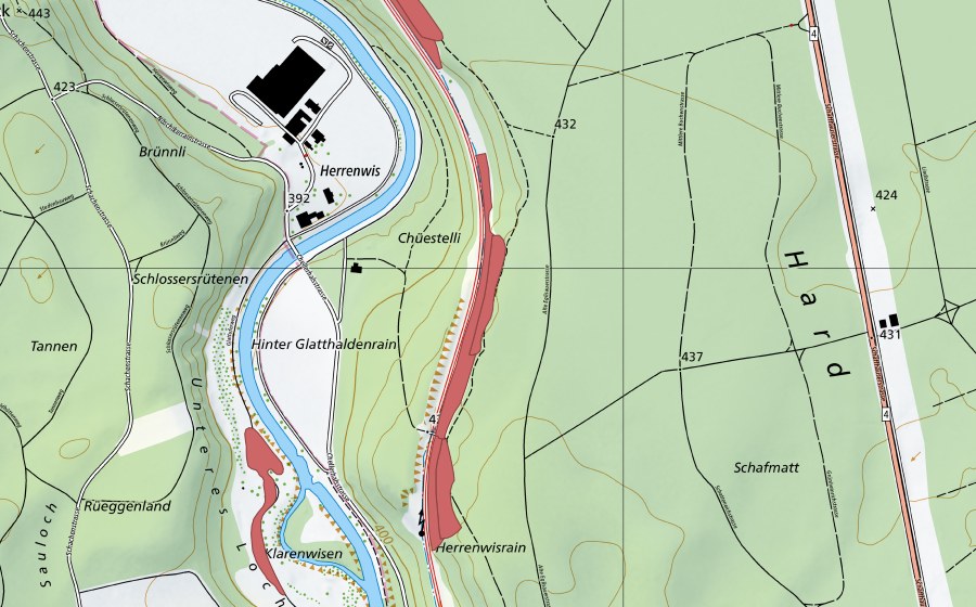 Carte nationale swisstopo avec le périmètre protégé de Hard (Prairie sèche)