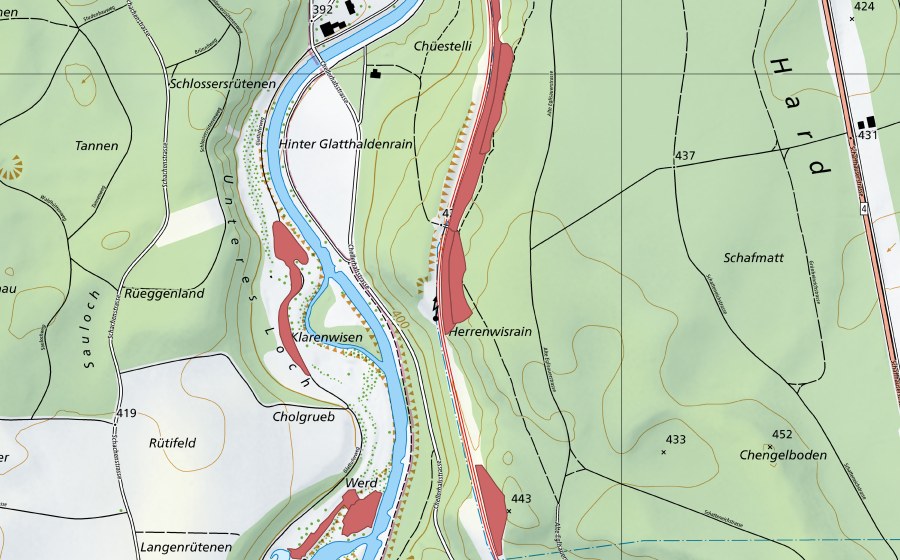 Carte nationale swisstopo avec le périmètre protégé de Hard (Prairie sèche)