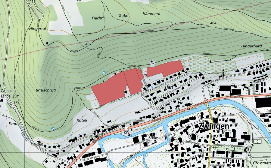 swisstopo national map showing the protected perimeter of Hard (Dry meadow)