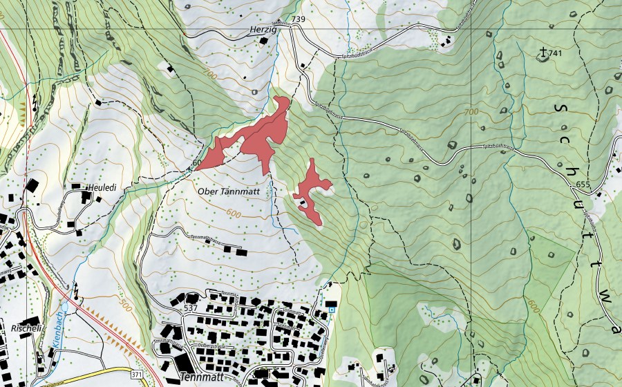 Carte nationale swisstopo avec le périmètre protégé de Härzig (Prairie sèche)