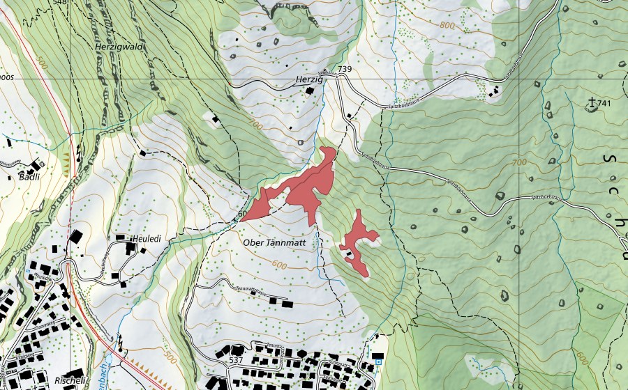 Carte nationale swisstopo avec le périmètre protégé de Härzig (Prairie sèche)