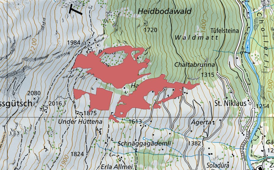 swisstopo national map showing the protected perimeter of Hasagada (Dry meadow)