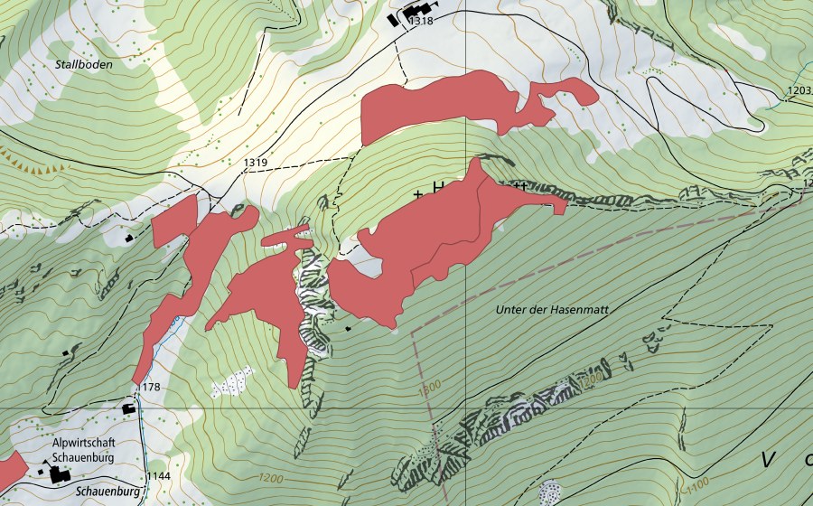 Carte nationale swisstopo avec le périmètre protégé de Hasenmatt (Prairie sèche)
