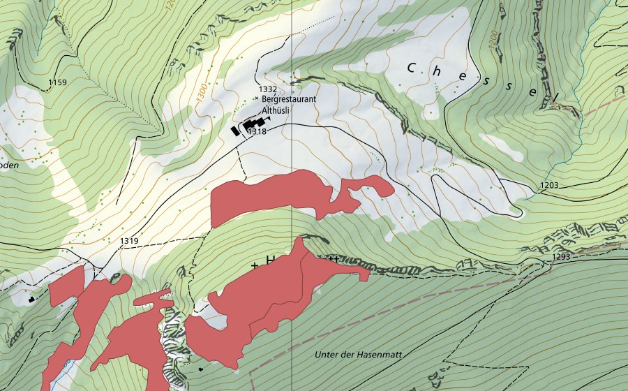 Carte nationale swisstopo avec le périmètre protégé de Hasenmatt (Prairie sèche)