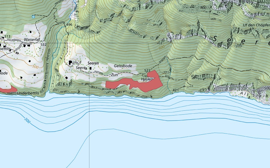 Landeskarte swisstopo mit dem Schutzperimeter von Haslengaden (Trockenwiese)