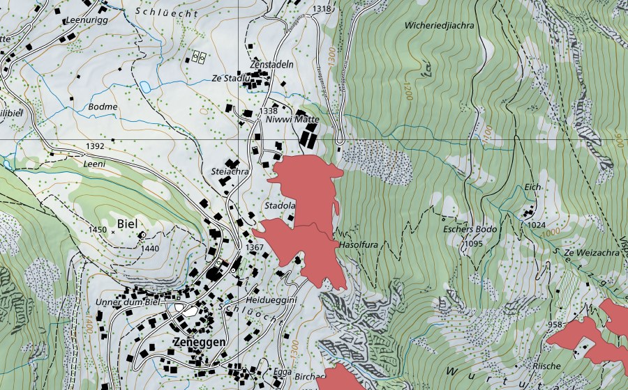 Carte nationale swisstopo avec le périmètre protégé de Hasolfura (Prairie sèche)