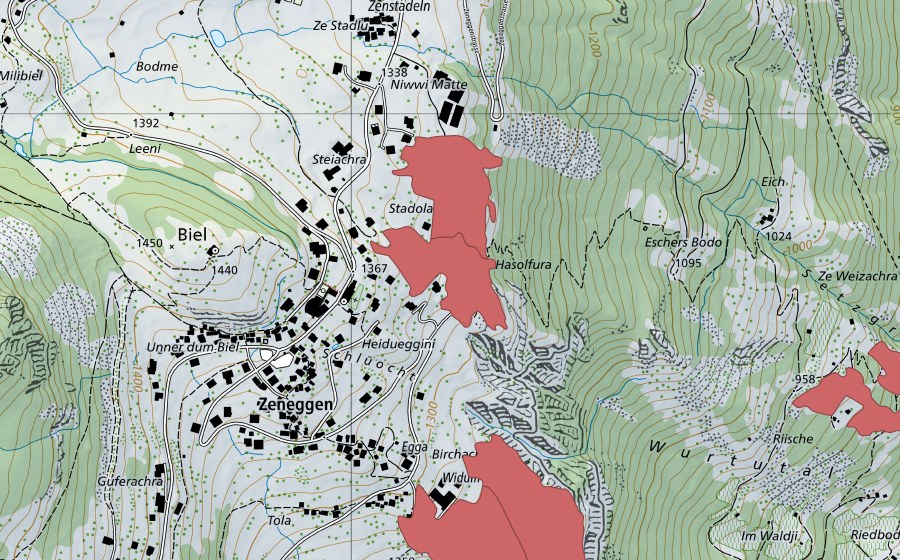 Landeskarte swisstopo mit dem Schutzperimeter von Hasolfura (Trockenwiese)