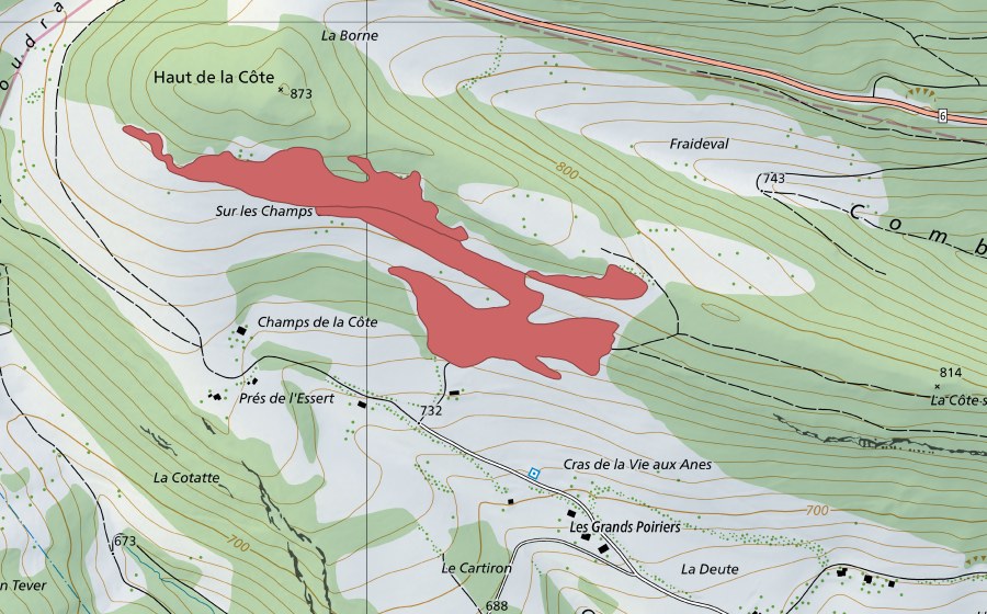 Carte nationale swisstopo avec le périmètre protégé de Haut de la Côte (Prairie sèche)
